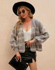 Tan Open Front Plaid Long Sleeve Cardigan