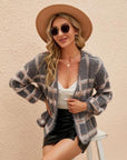 Tan Open Front Plaid Long Sleeve Cardigan