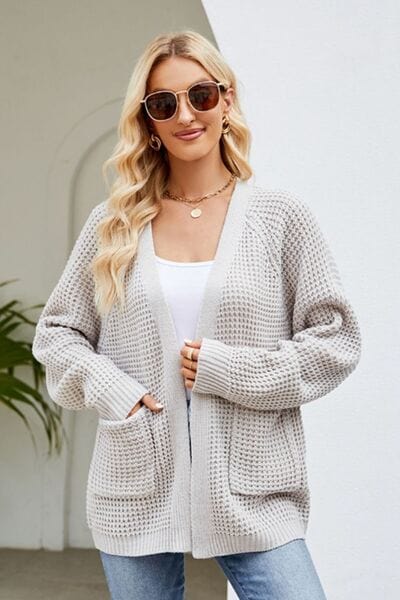 Gray Open Front Raglan Sleeve Pocketed Cardigan