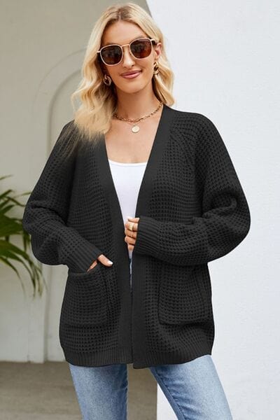 Gray Open Front Raglan Sleeve Pocketed Cardigan