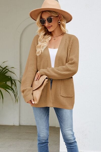 Rosy Brown Open Front Raglan Sleeve Pocketed Cardigan