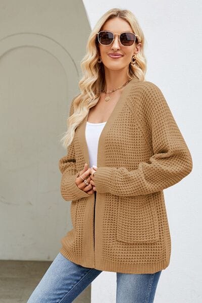 Rosy Brown Open Front Raglan Sleeve Pocketed Cardigan