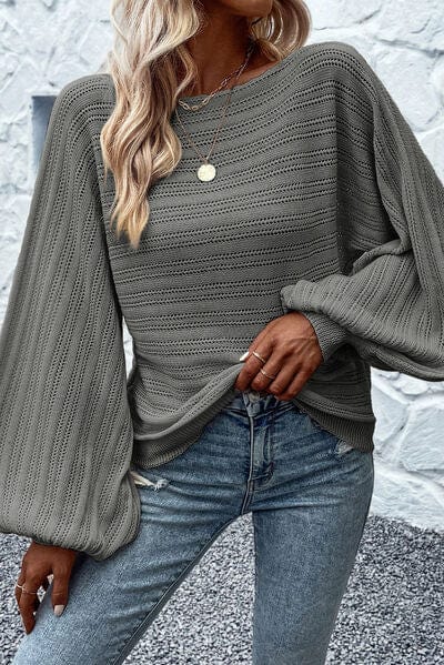 Dark Slate Gray Openwork Boat Neck Lantern Sleeve Sweater