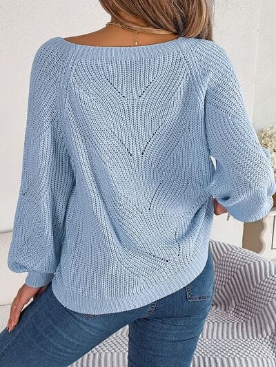 Dark Gray Openwork Buttoned Square Neck Sweater