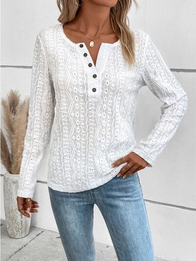 Light Gray Openwork Half Button Long Sleeve Blouse