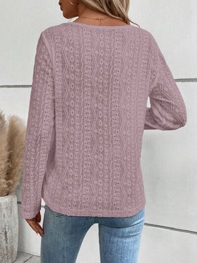 Rosy Brown Openwork Half Button Long Sleeve Blouse