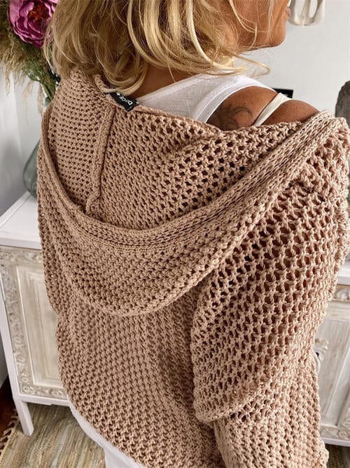 Rosy Brown Openwork Hooded Long Sleeve Sweater