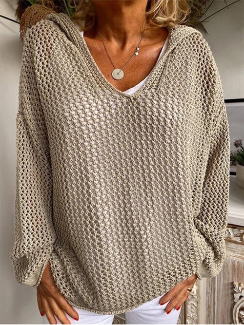 Rosy Brown Openwork Hooded Long Sleeve Sweater