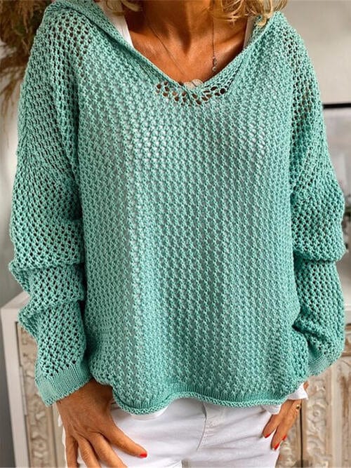 Dark Sea Green Openwork Hooded Long Sleeve Sweater