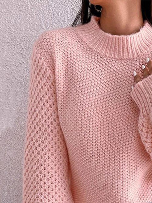 Rosy Brown Openwork Mock Neck Long Sleeve Sweater