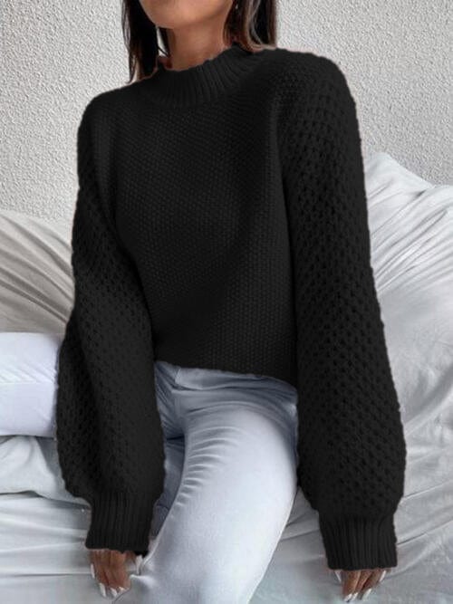 Black Openwork Mock Neck Long Sleeve Sweater