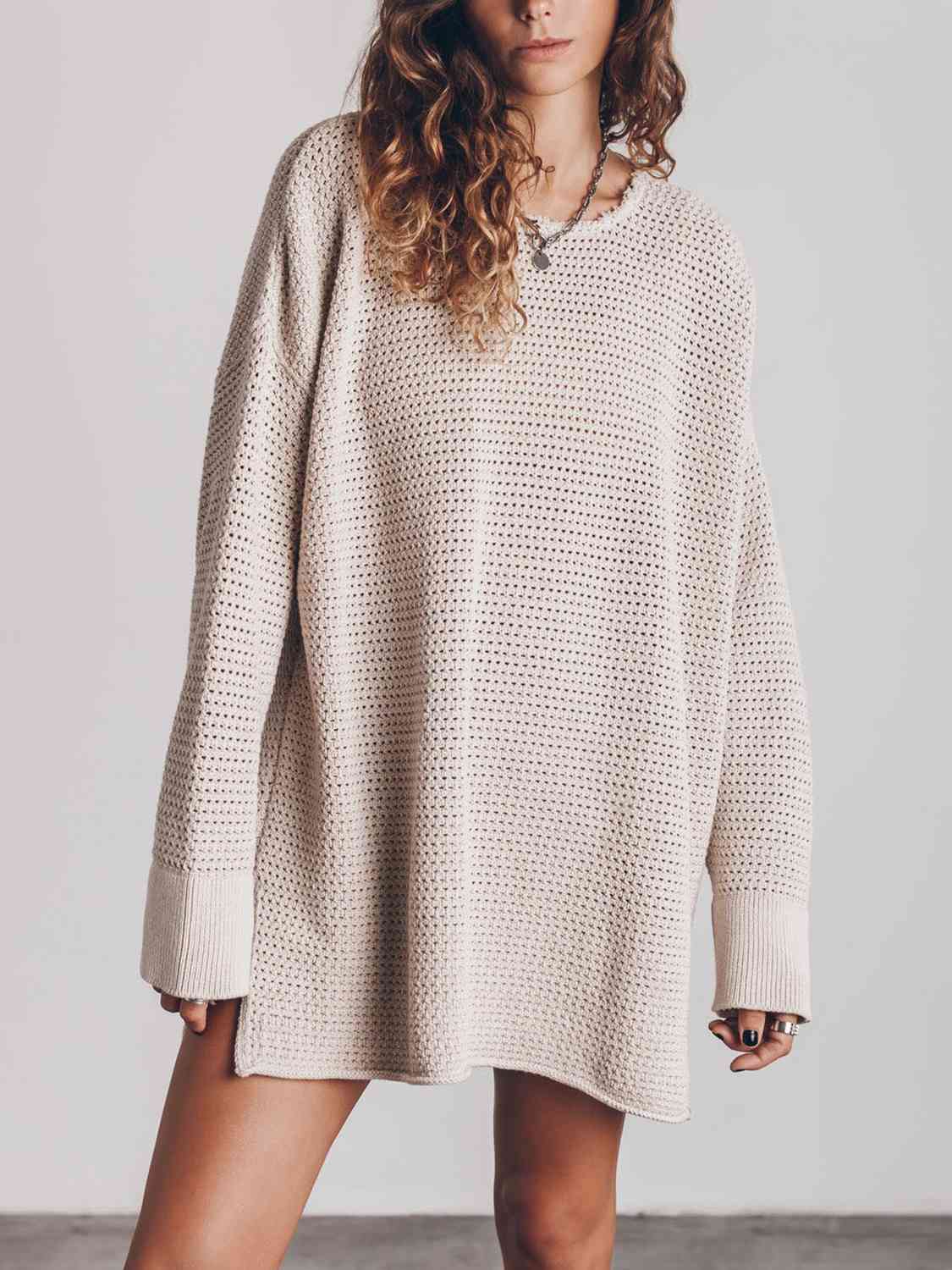 Light Gray Openwork Round Neck Long Sleeve Slit Sweater