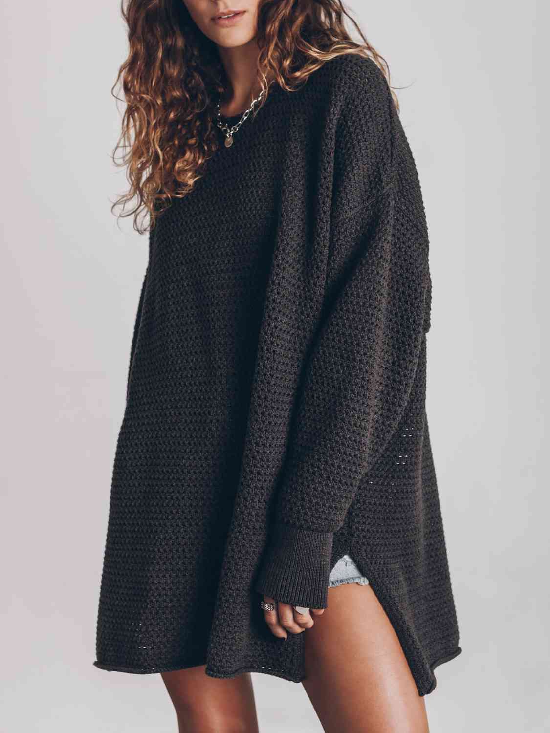 Light Gray Openwork Round Neck Long Sleeve Slit Sweater