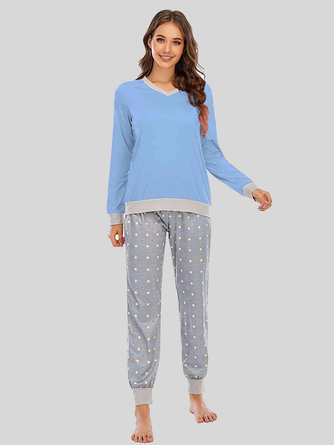 Light Gray Long Sleeve Top and Polka Dot Pants Set