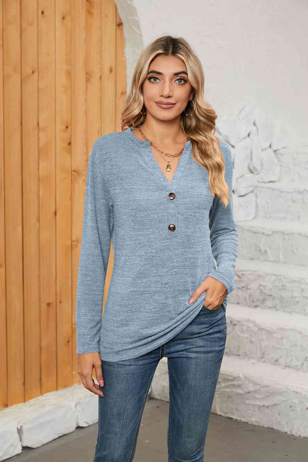 Dark Gray Notched Neck Long Sleeve T-Shirt