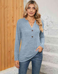 Dark Gray Notched Neck Long Sleeve T-Shirt