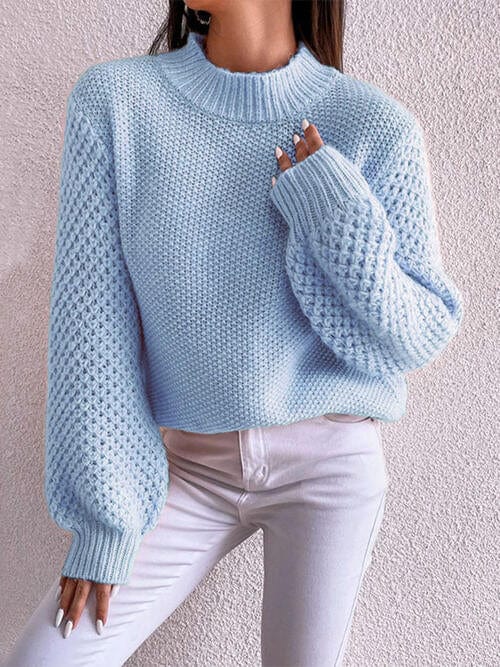 Gray Openwork Mock Neck Long Sleeve Sweater