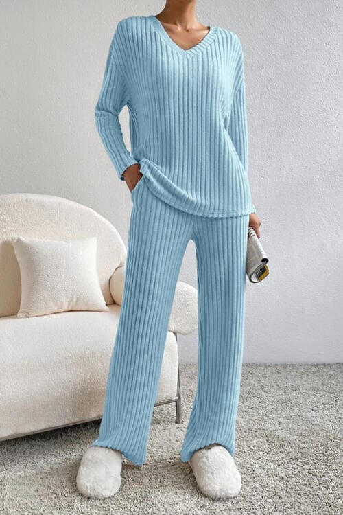 Gray Ribbed V-Neck Top and Pants Set