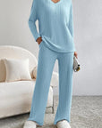 Gray Ribbed V-Neck Top and Pants Set