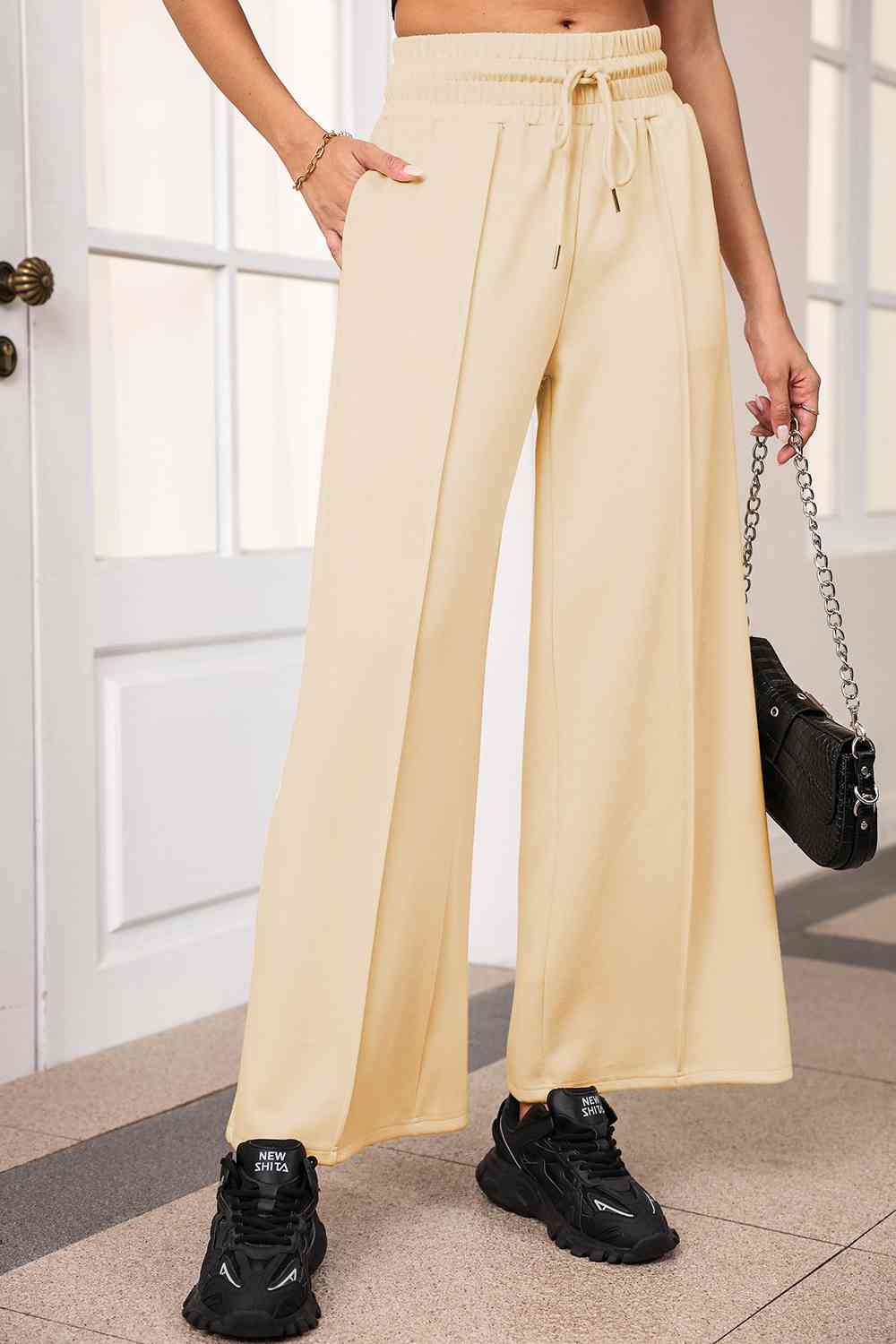 Light Gray Drawstring Wide Leg Pants with Pockets