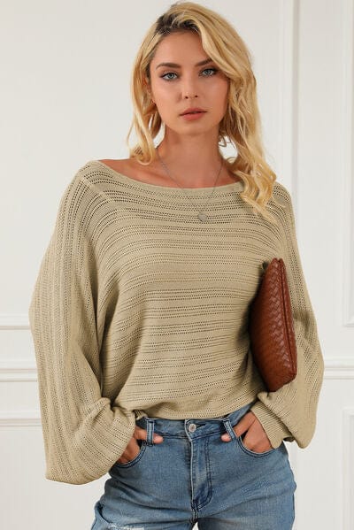 Gray Openwork Boat Neck Lantern Sleeve Sweater