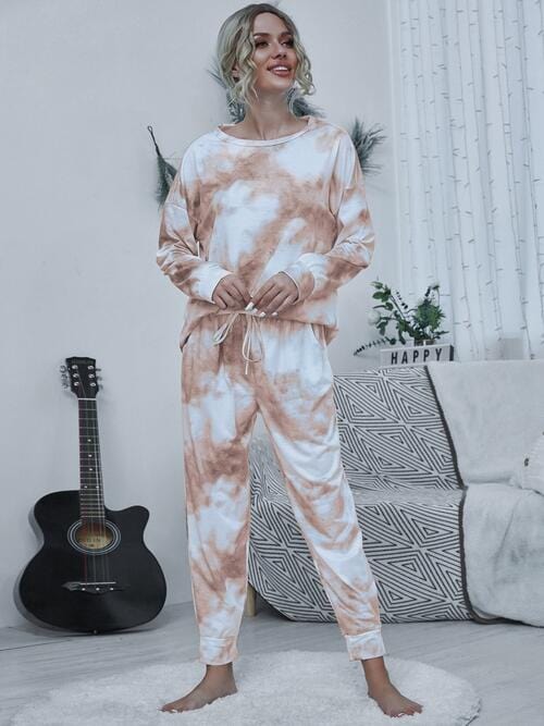 Gray Tie-dye Round Neck Top and Drawstring Pants Lounge Set