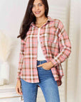 Light Gray Double Take Plaid Collared Neck Long Sleeve Button-Up Shirt