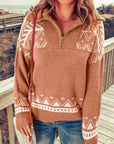 Rosy Brown Zip-Up Mock Neck Dropped Shoulder Pullover Sweater