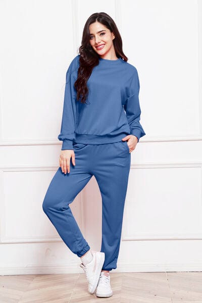 Dark Slate Blue Round Neck Long Sleeve Sweatshirt and Pants Set