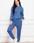 Dark Slate Blue Round Neck Long Sleeve Sweatshirt and Pants Set