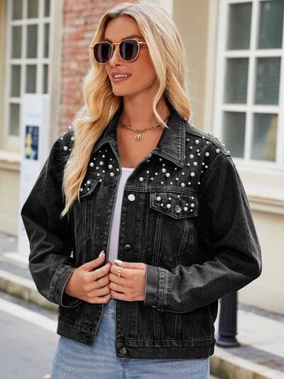 Dark Gray Pearl Detail Collared Neck Long Sleeve Denim Jacket