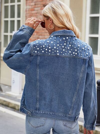 Dim Gray Pearl Detail Collared Neck Long Sleeve Denim Jacket