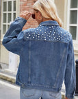 Dim Gray Pearl Detail Collared Neck Long Sleeve Denim Jacket