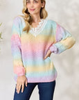 Light Gray BiBi Rainbow Gradient Crochet Deetail Sweater