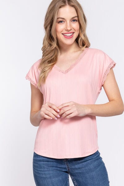 Misty Rose ACTIVE BASIC Lace Trim V-Neck Short Sleeve Ribbed Top