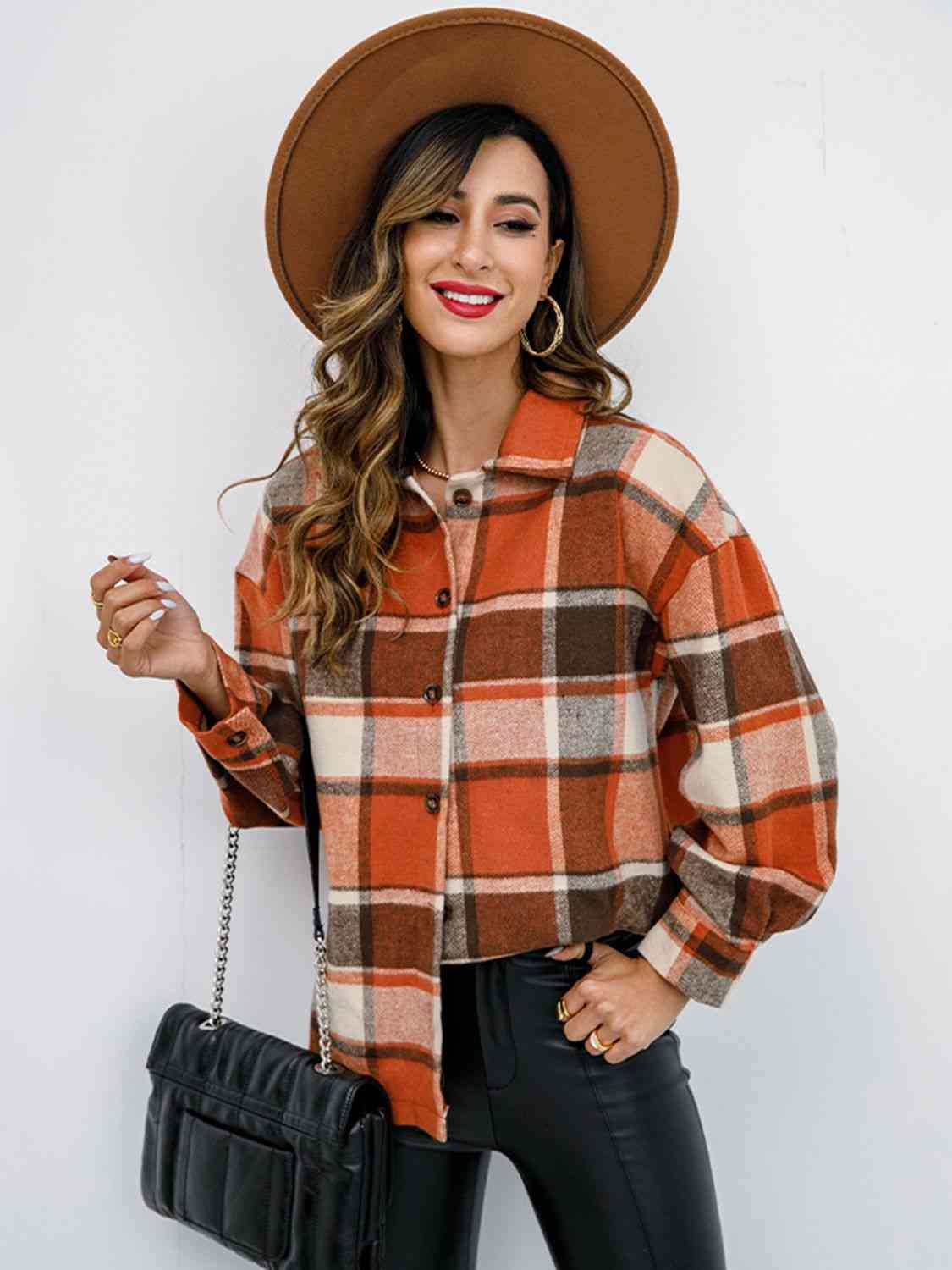 Light Gray Plaid Button Up Collared Neck Jacket