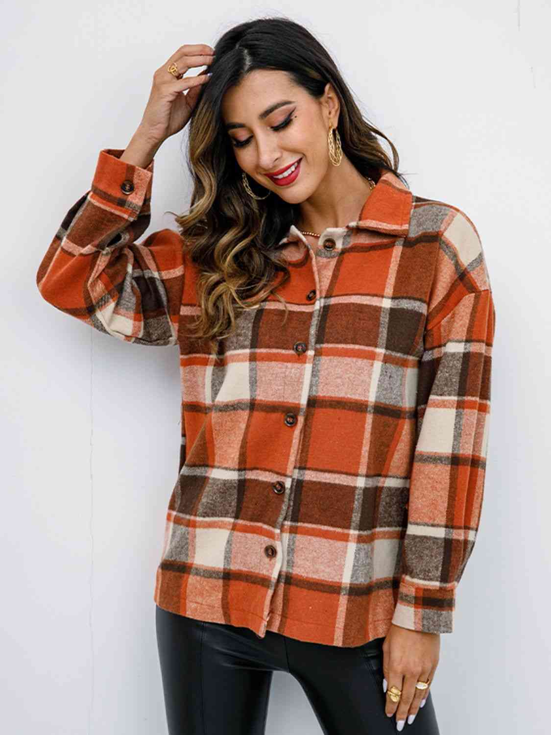 Light Gray Plaid Button Up Collared Neck Jacket