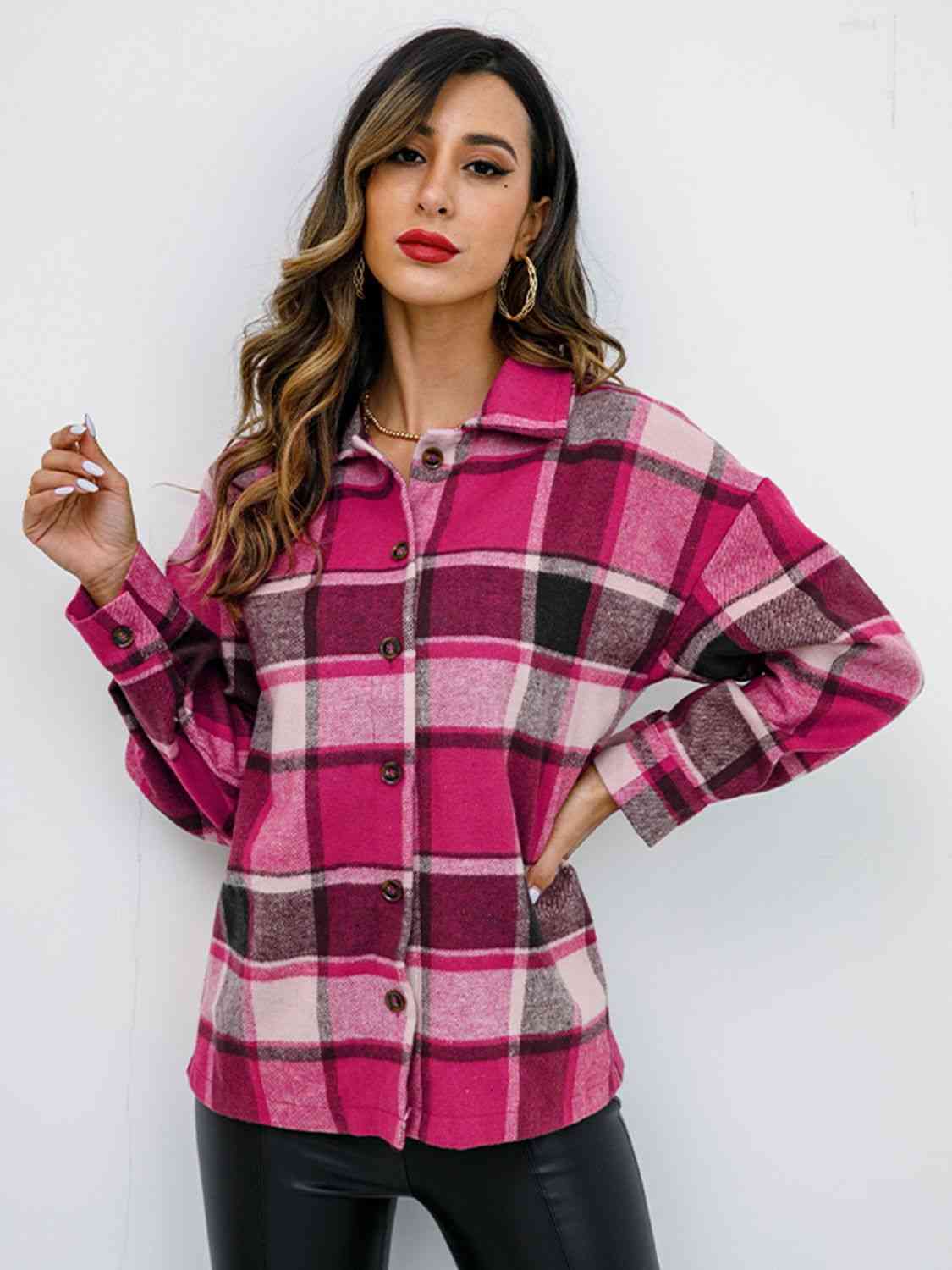 Light Gray Plaid Button Up Collared Neck Jacket