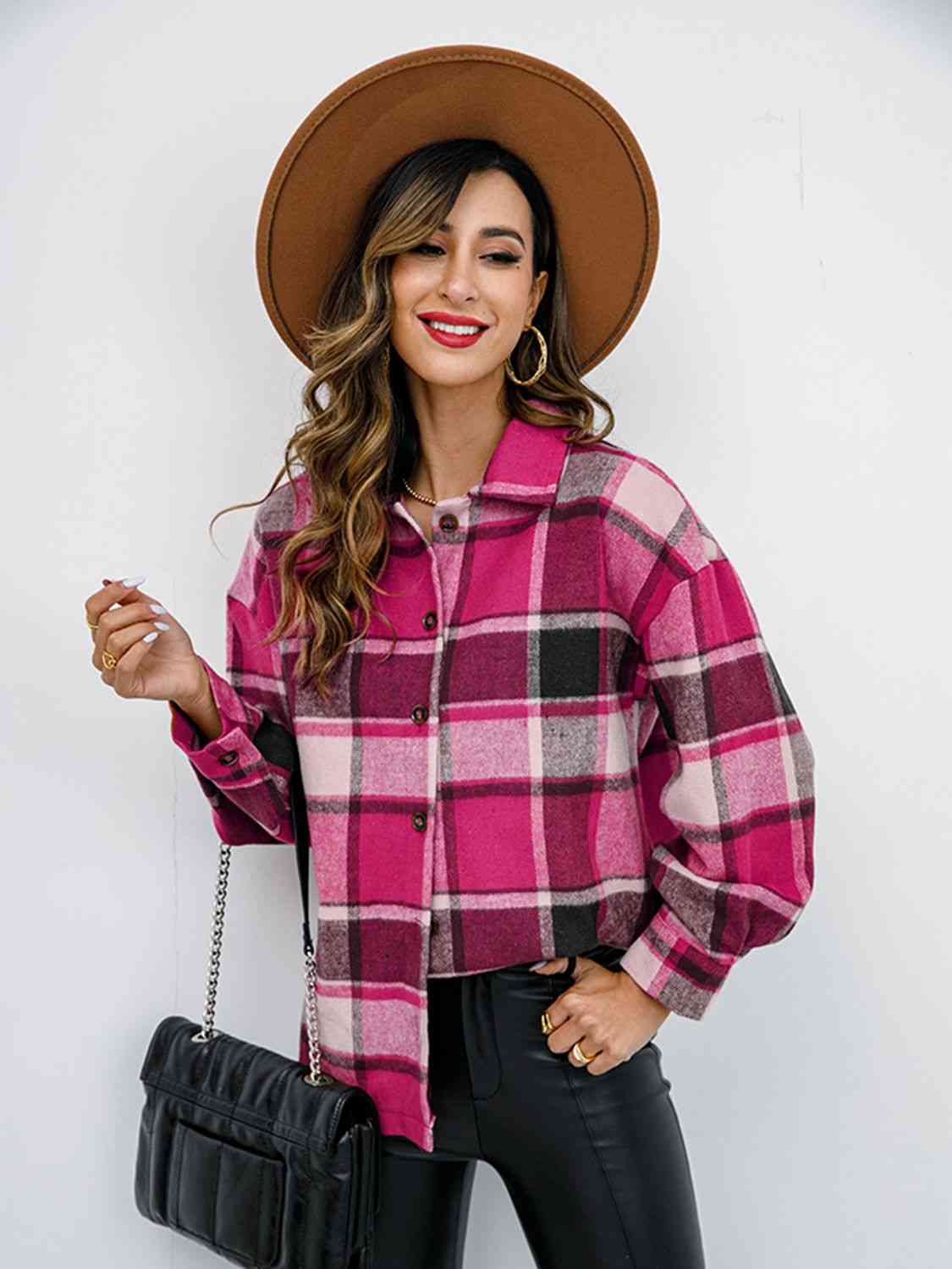 Light Gray Plaid Button Up Collared Neck Jacket