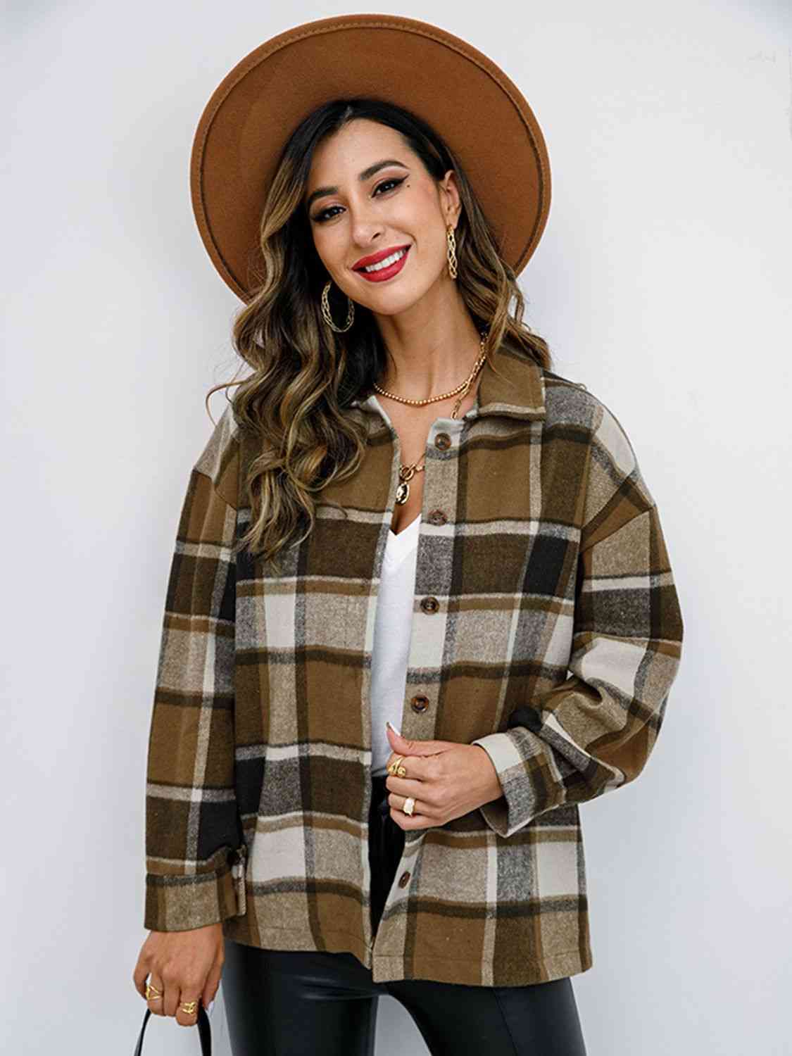 Dark Slate Gray Plaid Button Up Collared Neck Jacket