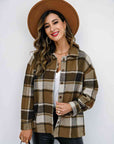 Dark Slate Gray Plaid Button Up Collared Neck Jacket