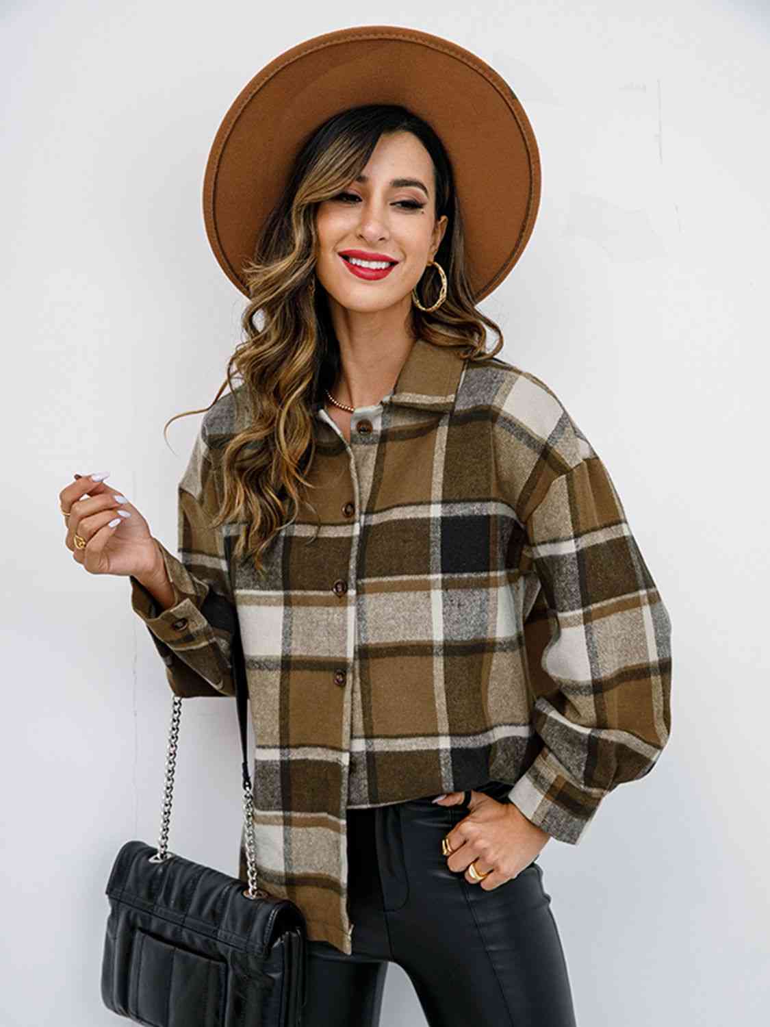 Dark Slate Gray Plaid Button Up Collared Neck Jacket