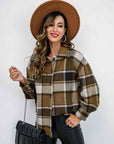 Dark Slate Gray Plaid Button Up Collared Neck Jacket