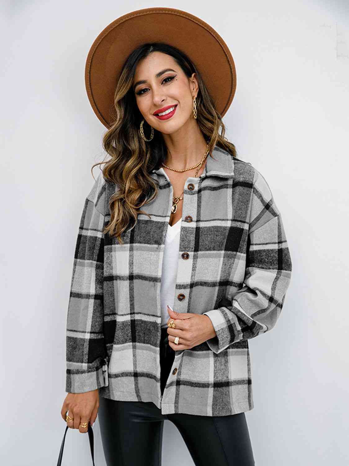 Light Gray Plaid Button Up Collared Neck Jacket