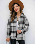 Light Gray Plaid Button Up Collared Neck Jacket