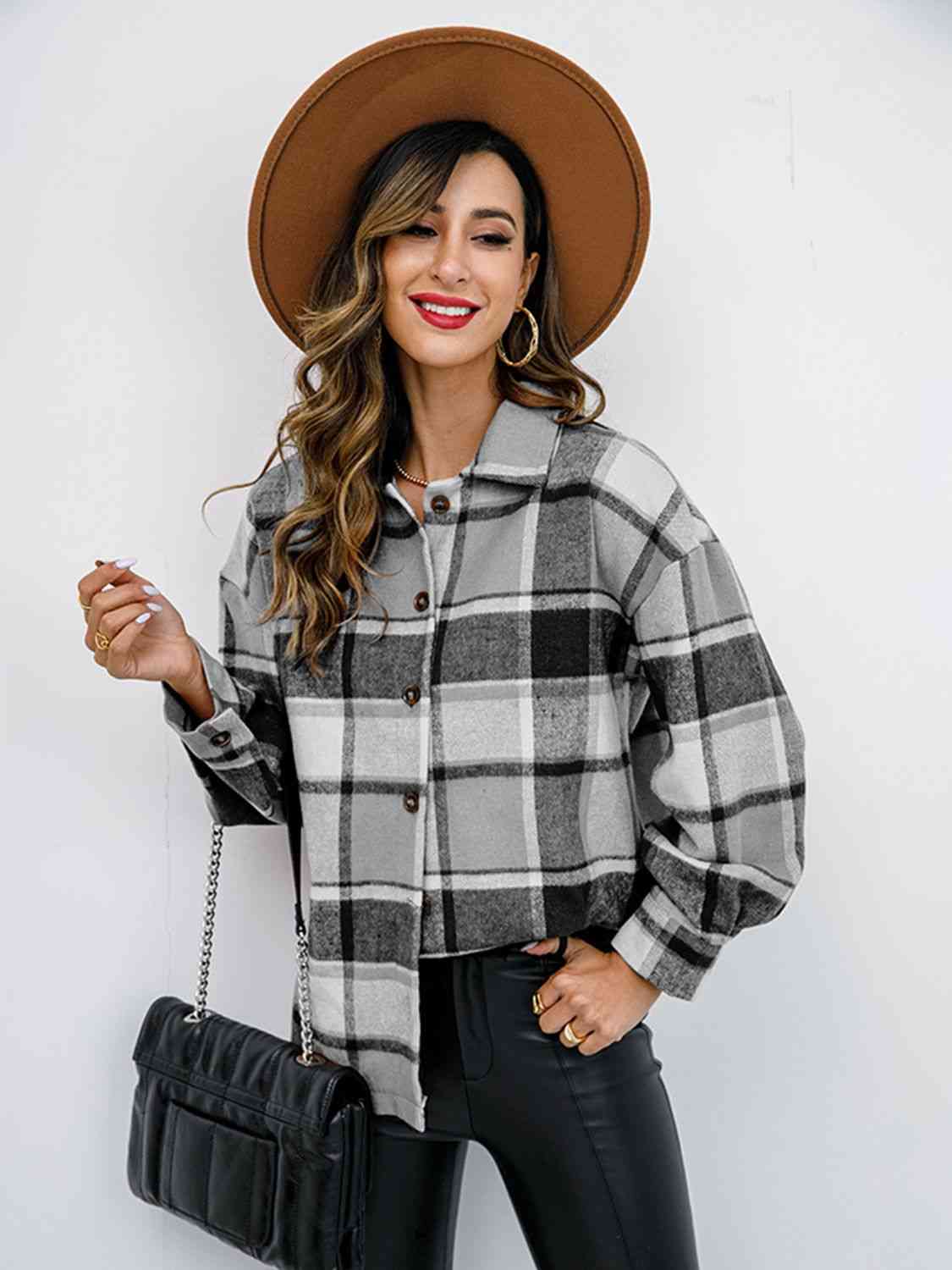 Light Gray Plaid Button Up Collared Neck Jacket