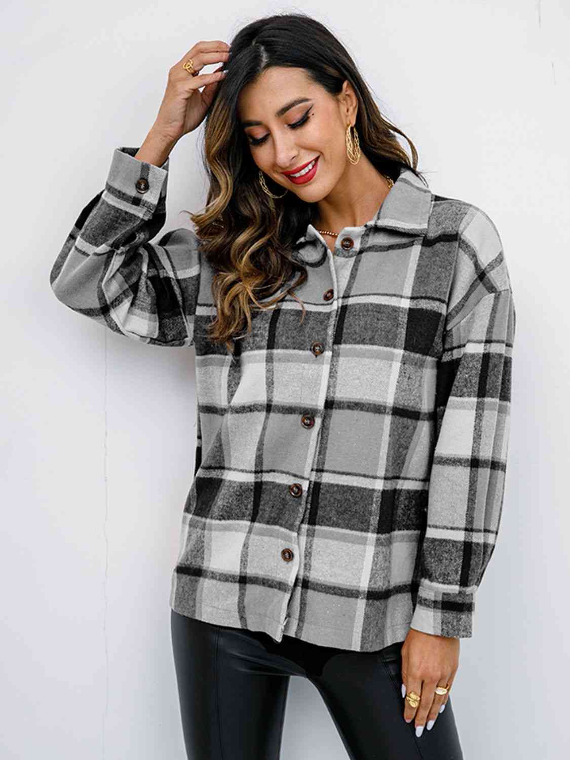 Light Gray Plaid Button Up Collared Neck Jacket