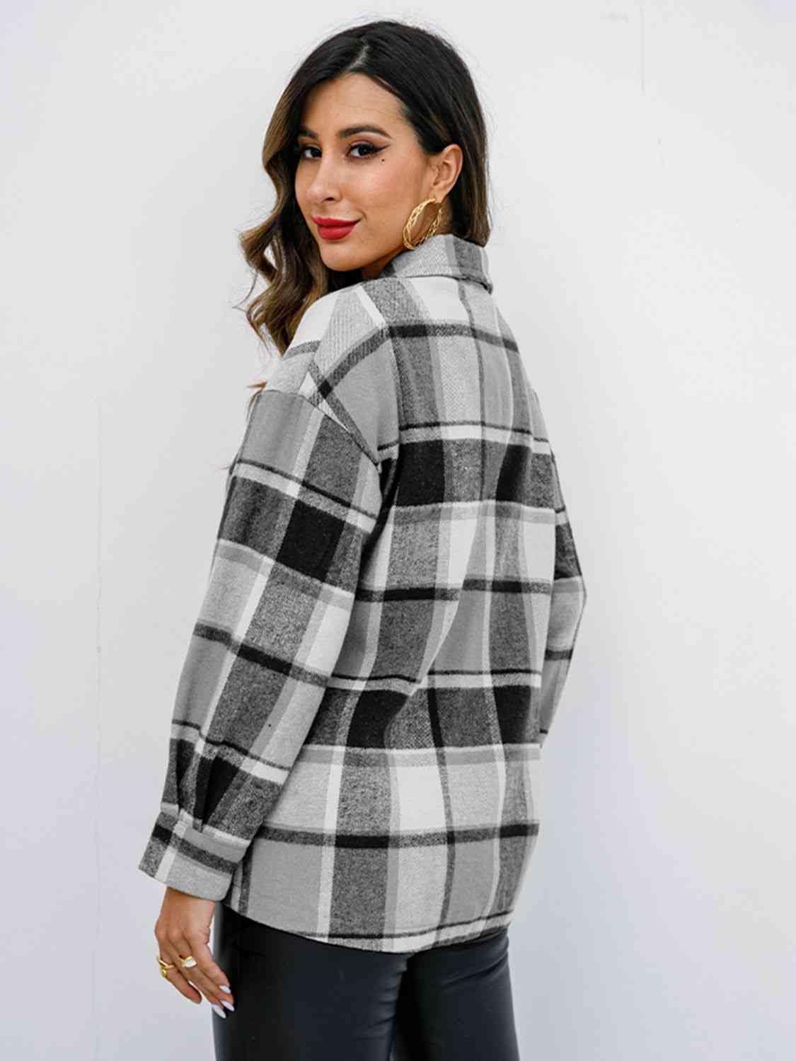 Light Gray Plaid Button Up Collared Neck Jacket