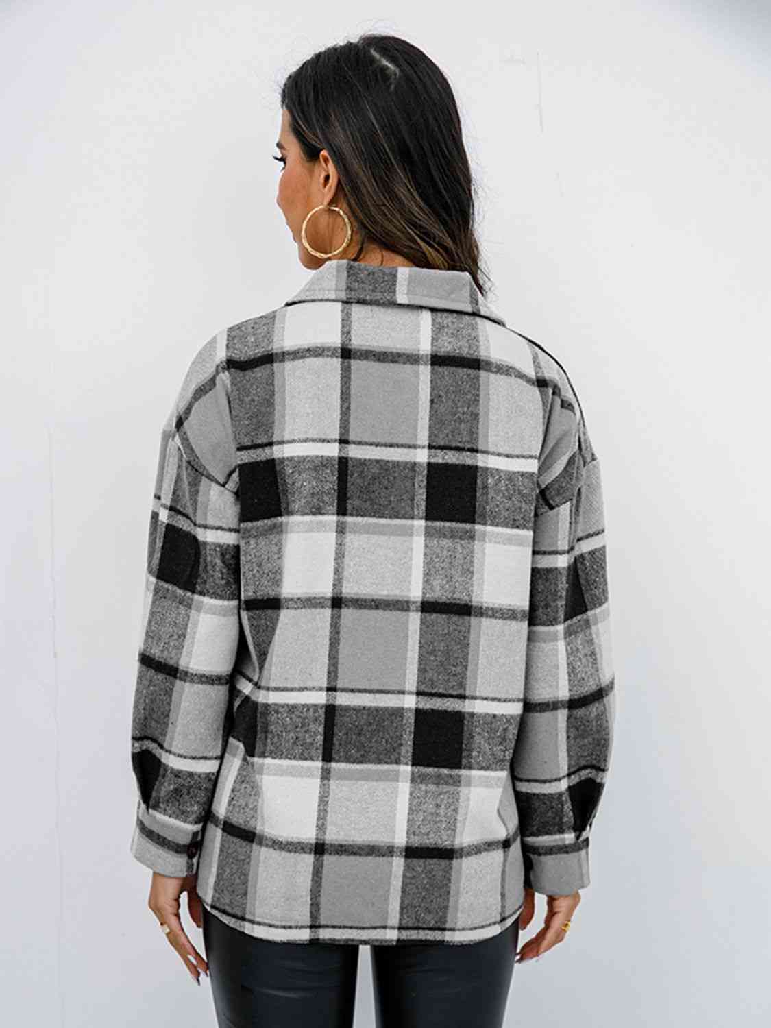 Light Gray Plaid Button Up Collared Neck Jacket