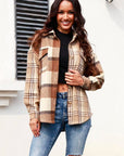 Dark Slate Gray Plaid Button Up Collared Neck Long Sleeve Shacket